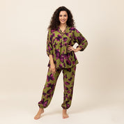 Floral Ladies Full Sleeves Pajama Set Viscos Fine Material  - Green