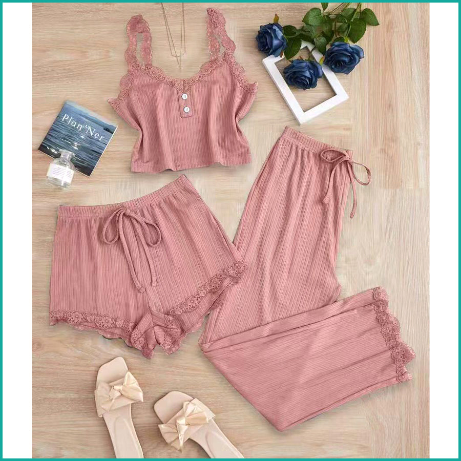 Plain Lace Ladies Crop T-Shirt loungewear 3 Pcs Set - Pink