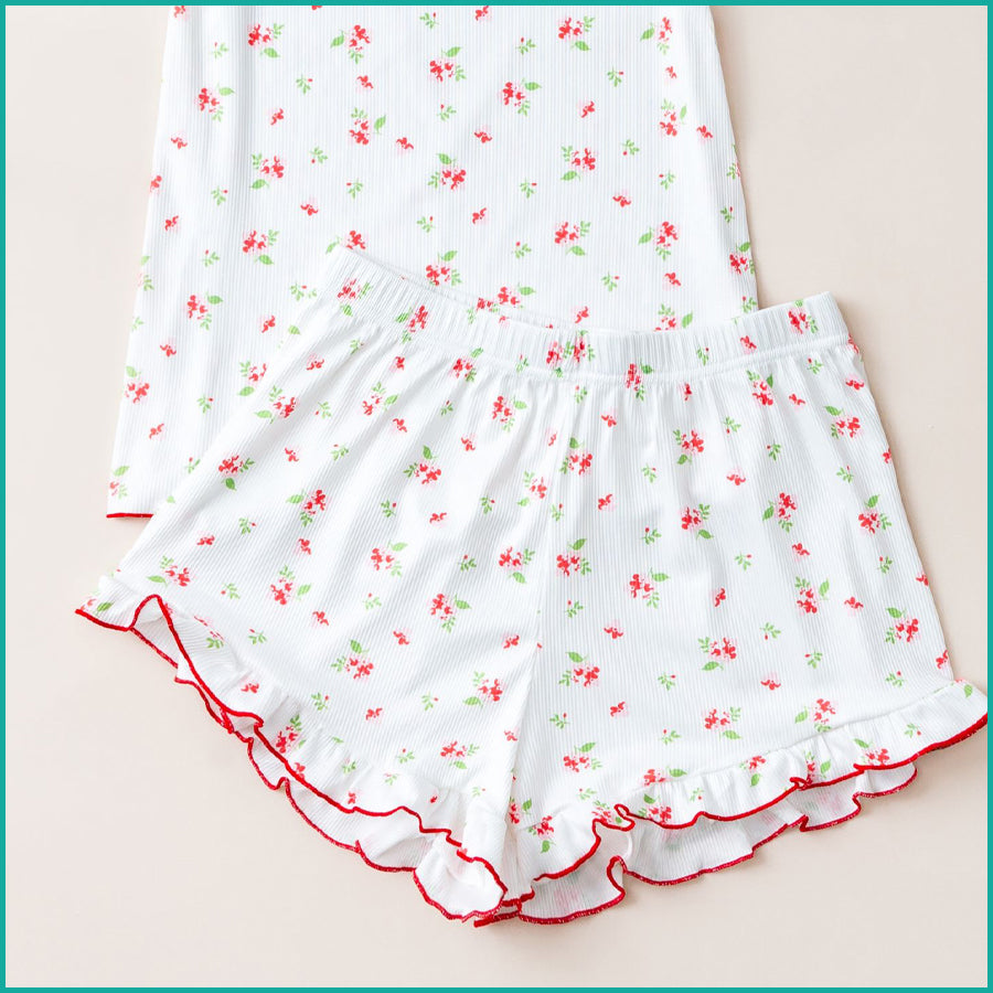 Floral Ladies Crop T-Shirt with Shorts - Pink