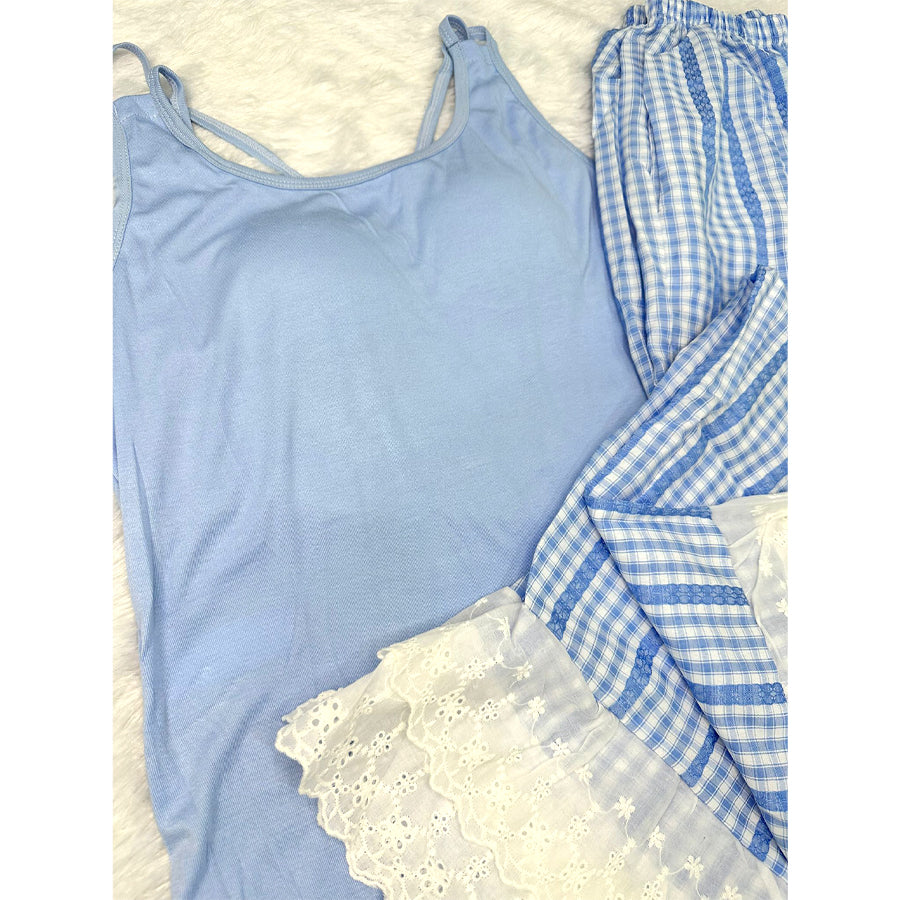 Checks Sleeveless Ladies Pajama Set - Sky Blue