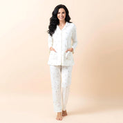 Teddy Dots Ladies Loungewear Front Open Pajama Set - White