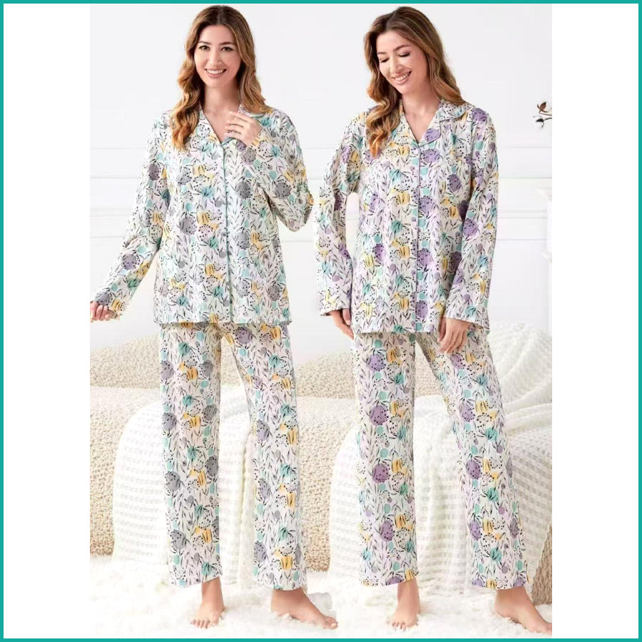Leafs Full Sleeves Pajama Set Fine Material - White