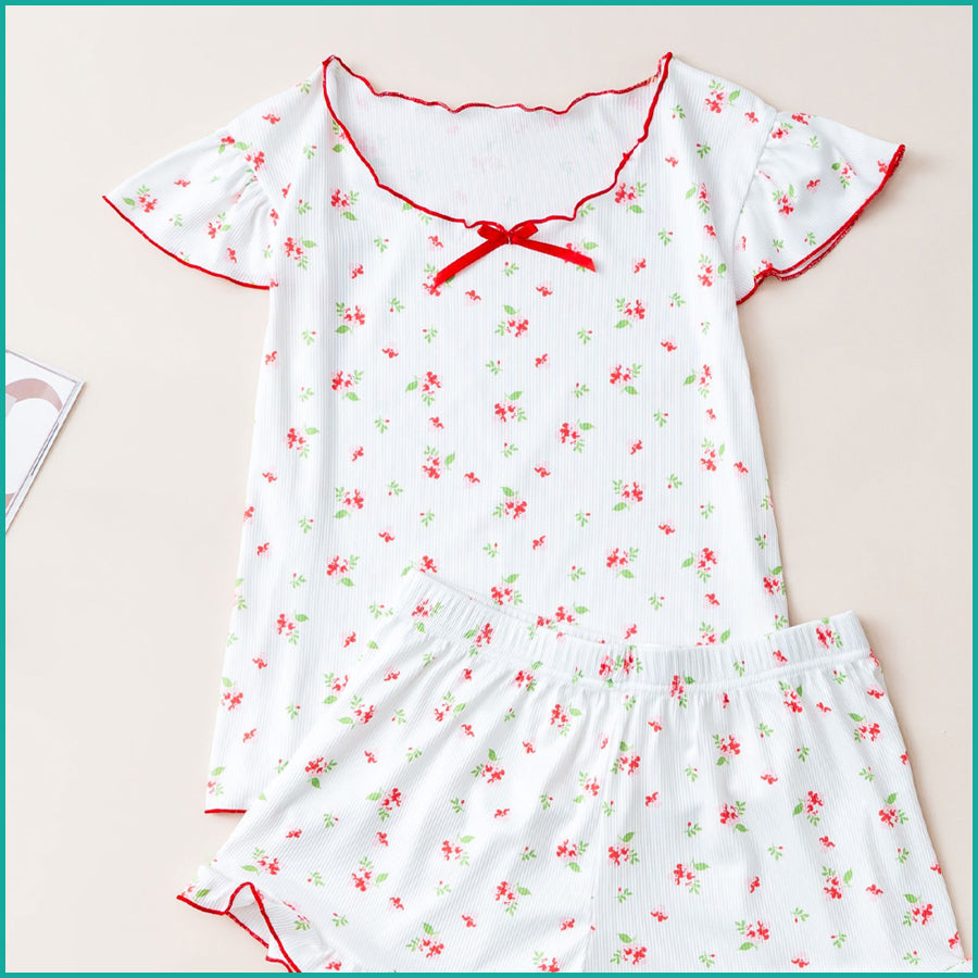 Floral Ladies Crop T-Shirt with Shorts - Pink