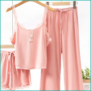 Plain Lace Ladies Crop T-Shirt loungewear 3 Pcs Set - Pink