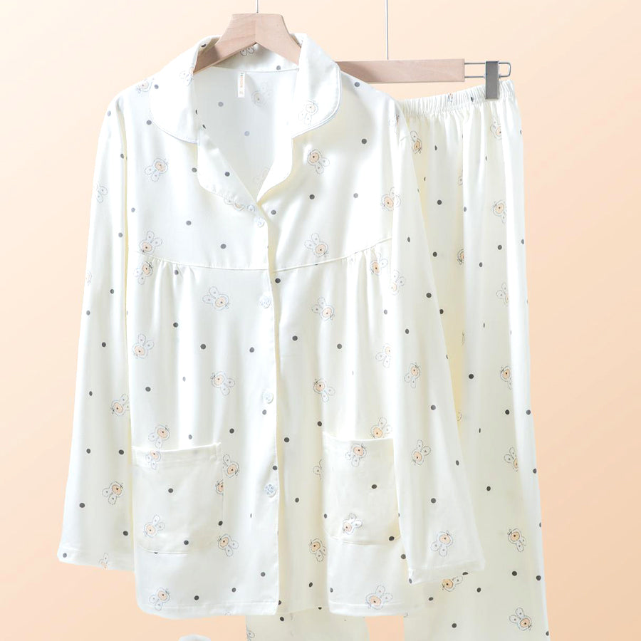 Teddy Dots Ladies Loungewear Front Open Pajama Set - White