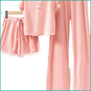 Plain Lace Ladies Crop T-Shirt loungewear 3 Pcs Set - Pink