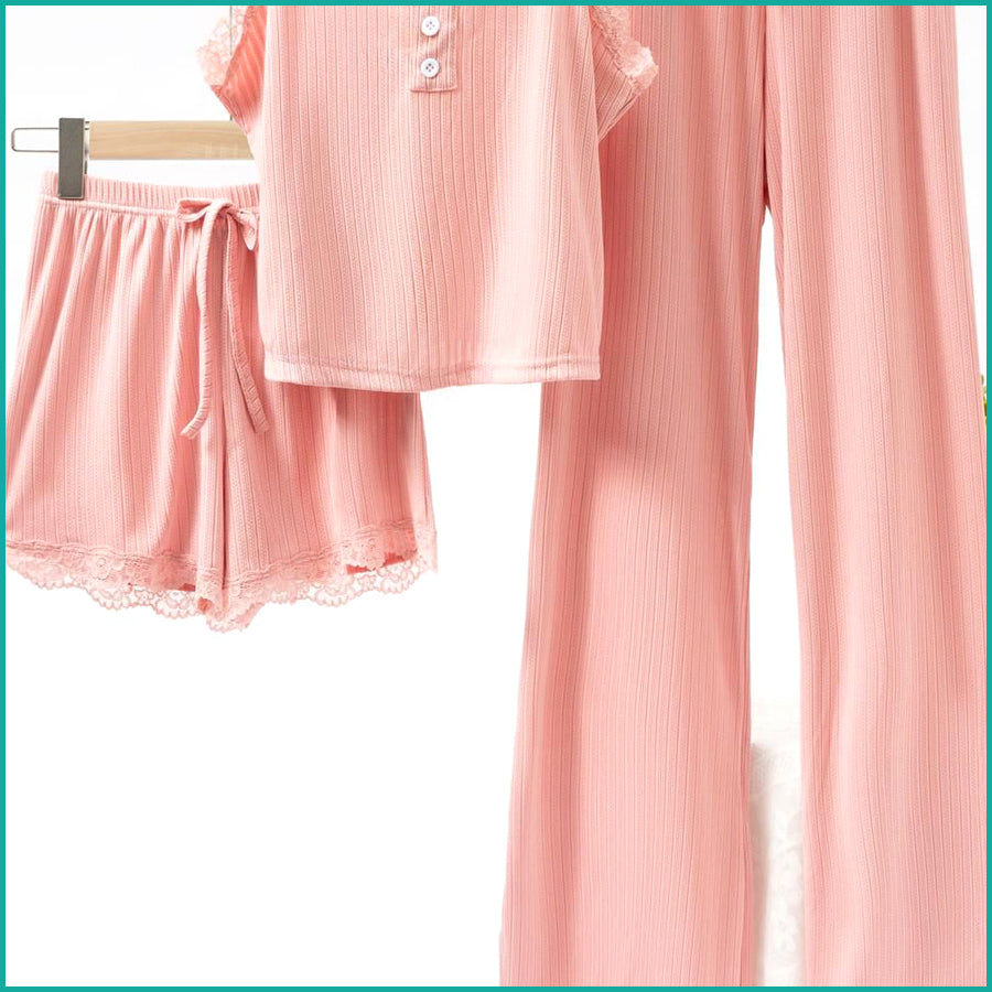 Plain Lace Ladies Crop T-Shirt loungewear 3 Pcs Set - Pink