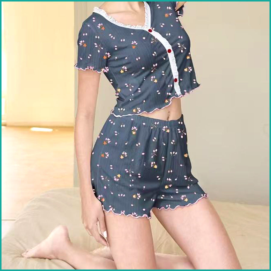 Flower Pot Ladies Shorts Set Crop T-Shirt - Blue