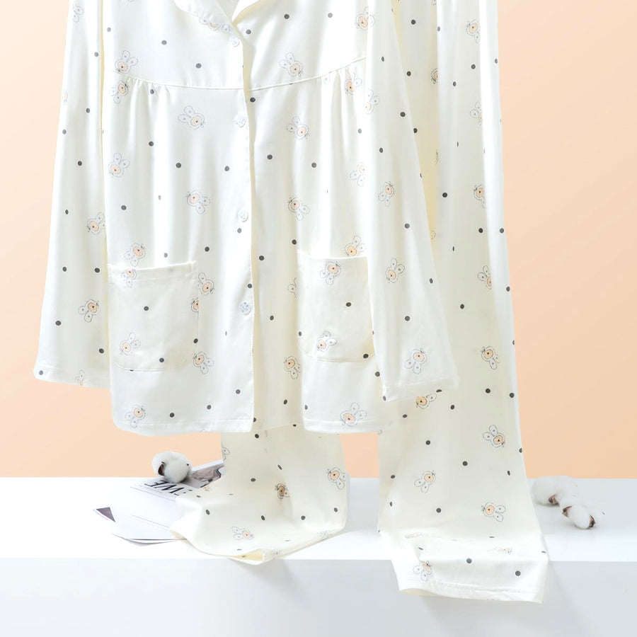 Teddy Dots Ladies Loungewear Front Open Pajama Set - White