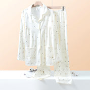 Teddy Dots Ladies Loungewear Front Open Pajama Set - White