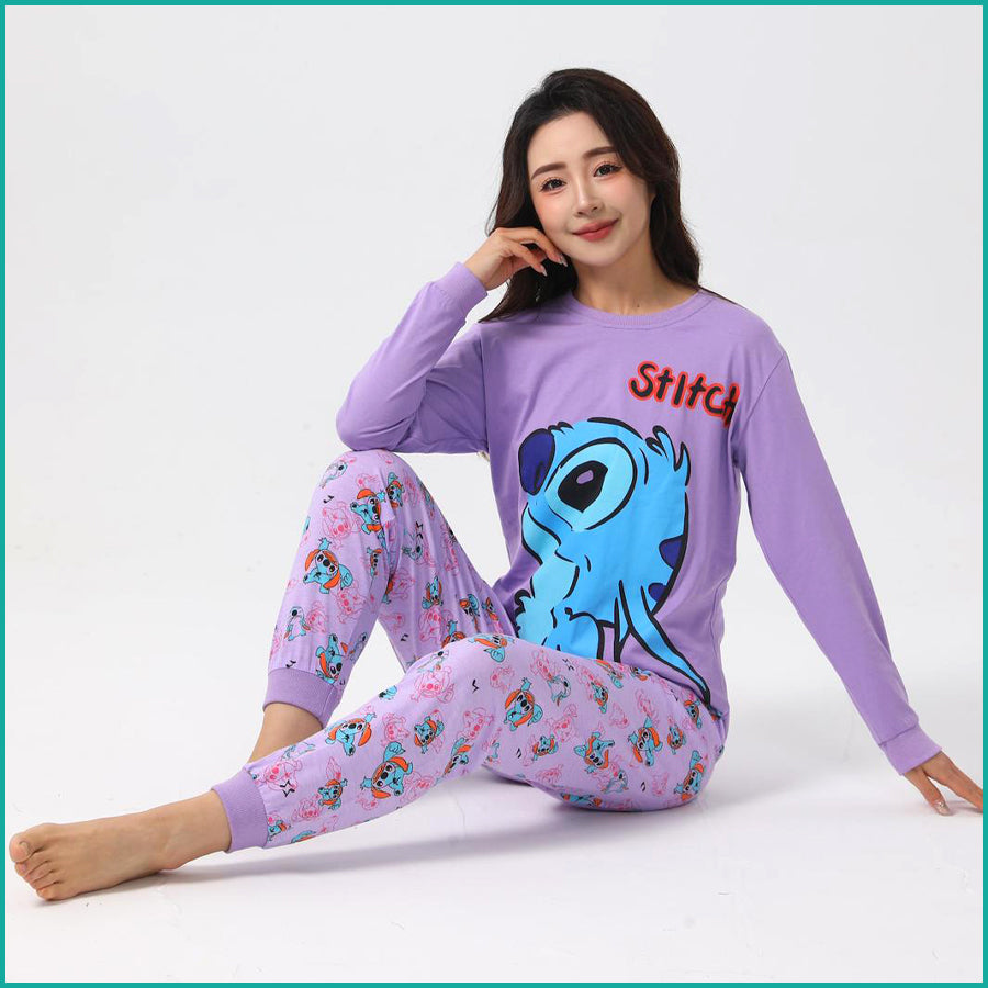 Stitch Ladies Full Sleeves Cotton Pajama Set - Purple