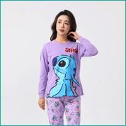 Stitch Ladies Full Sleeves Cotton Pajama Set - Purple