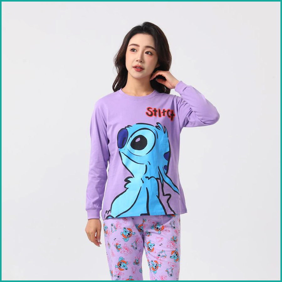 Stitch Ladies Full Sleeves Cotton Pajama Set - Purple