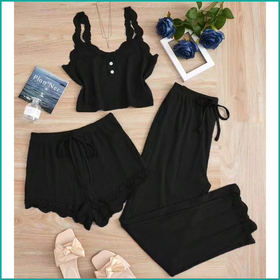Plain Lace Ladies Crop T-Shirt loungewear 3 Pcs Set - Black