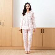 Mini Floral Ladies Loungewear Front Open Pajama Set - Pink