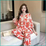 Floral Ladies Full Sleeves Pajama Set Viscos Fine Material - Orange