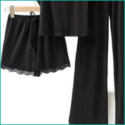 Plain Lace Ladies Crop T-Shirt loungewear 3 Pcs Set - Black