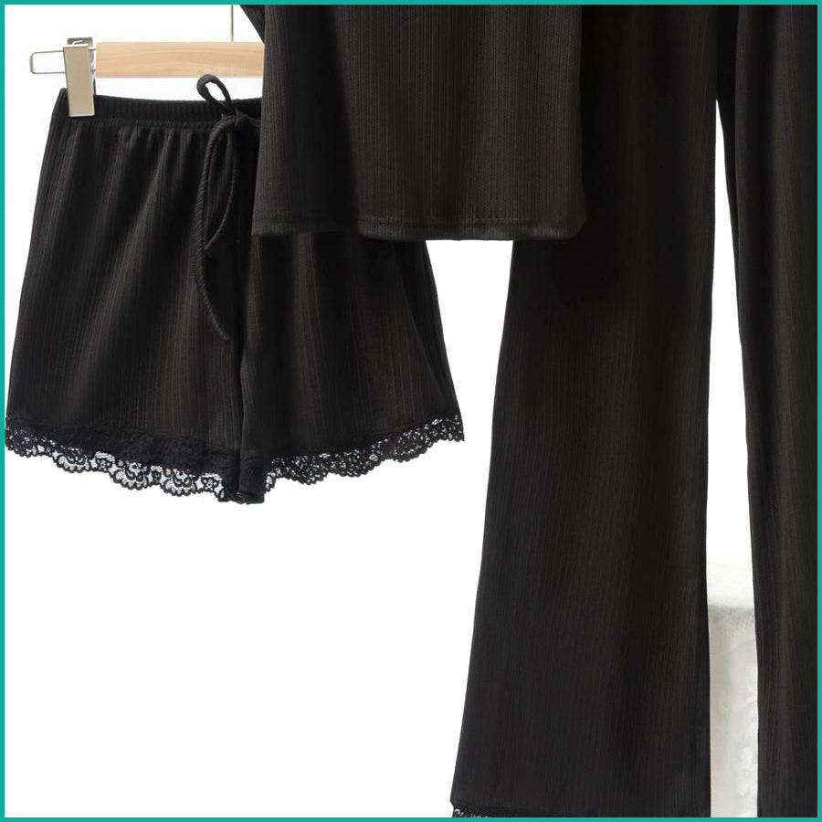Plain Lace Ladies Crop T-Shirt loungewear 3 Pcs Set - Black