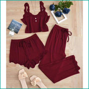 Plain Lace Ladies Crop T-Shirt loungewear 3 Pcs Set - Red