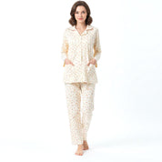 Mini Floral Ladies Loungewear Front Open Pajama Set - Yellow