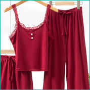 Plain Lace Ladies Crop T-Shirt loungewear 3 Pcs Set - Red
