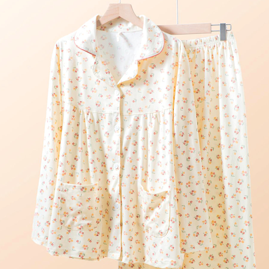 Mini Floral Ladies Loungewear Front Open Pajama Set - Yellow