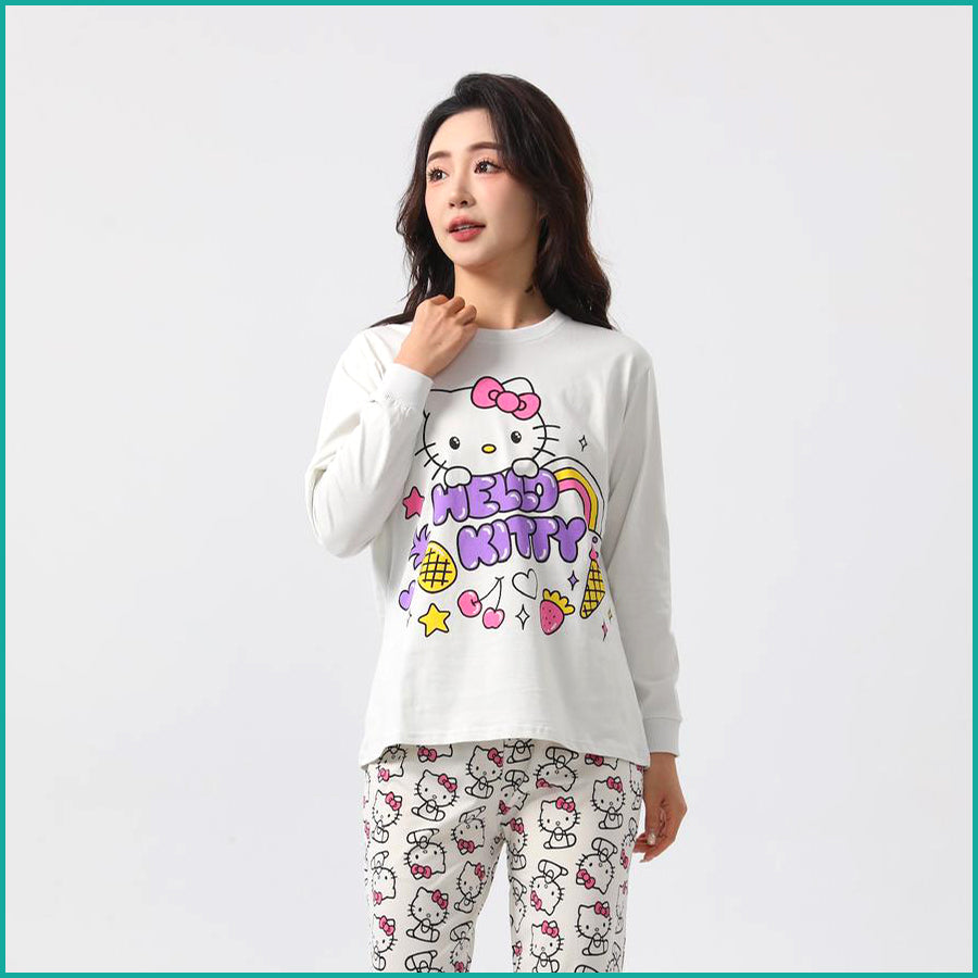 Hello Kitty Ladies Full Sleeves Cotton Pajama Set - White