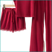 Plain Lace Ladies Crop T-Shirt loungewear 3 Pcs Set - Red