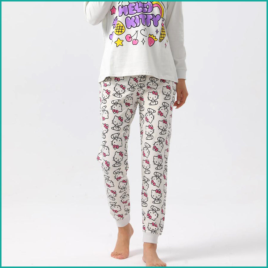 Hello Kitty Ladies Full Sleeves Cotton Pajama Set - White