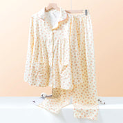 Mini Floral Ladies Loungewear Front Open Pajama Set - Yellow