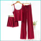 Plain Lace Ladies Crop T-Shirt loungewear 3 Pcs Set - Red