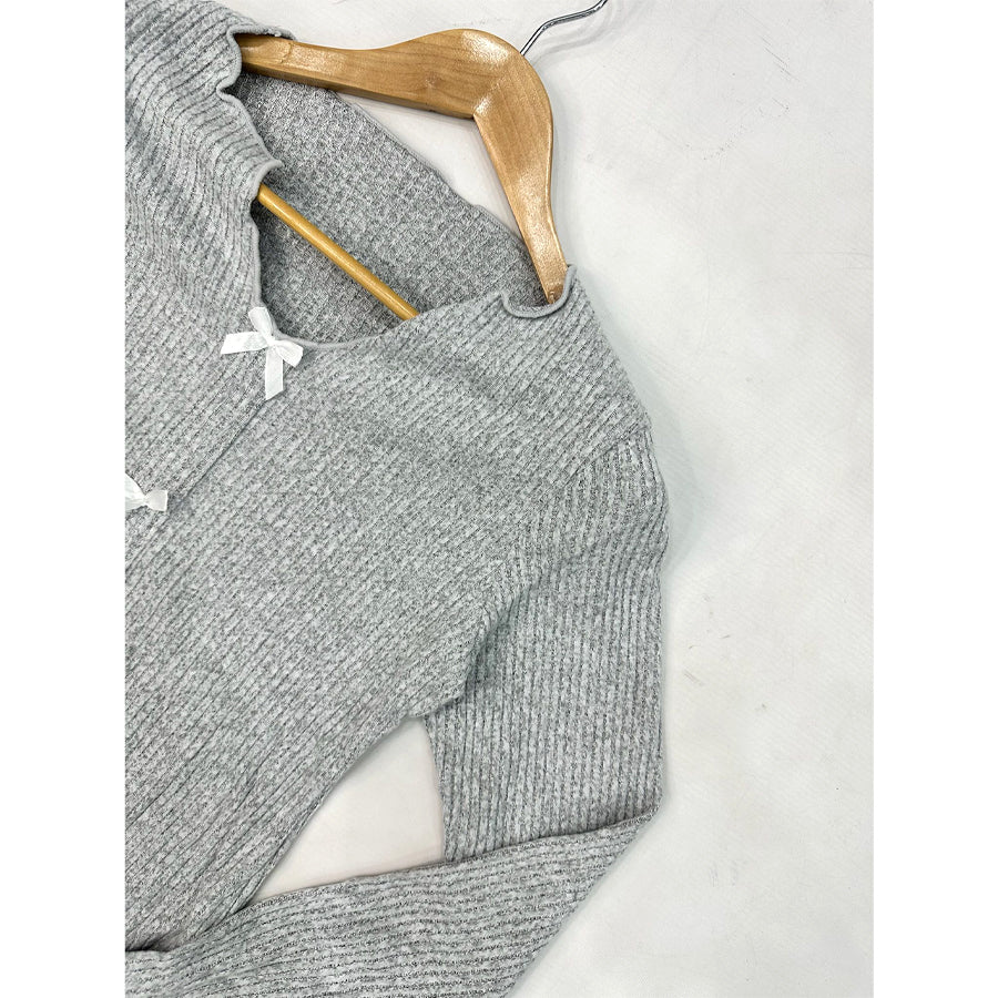 V-Neck Bow Ladies Pajama Set - Grey