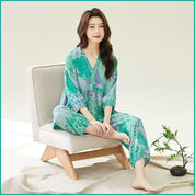 Floral Heart Ladies Full Sleeves Pajama Set Viscos Fine Material  - Green
