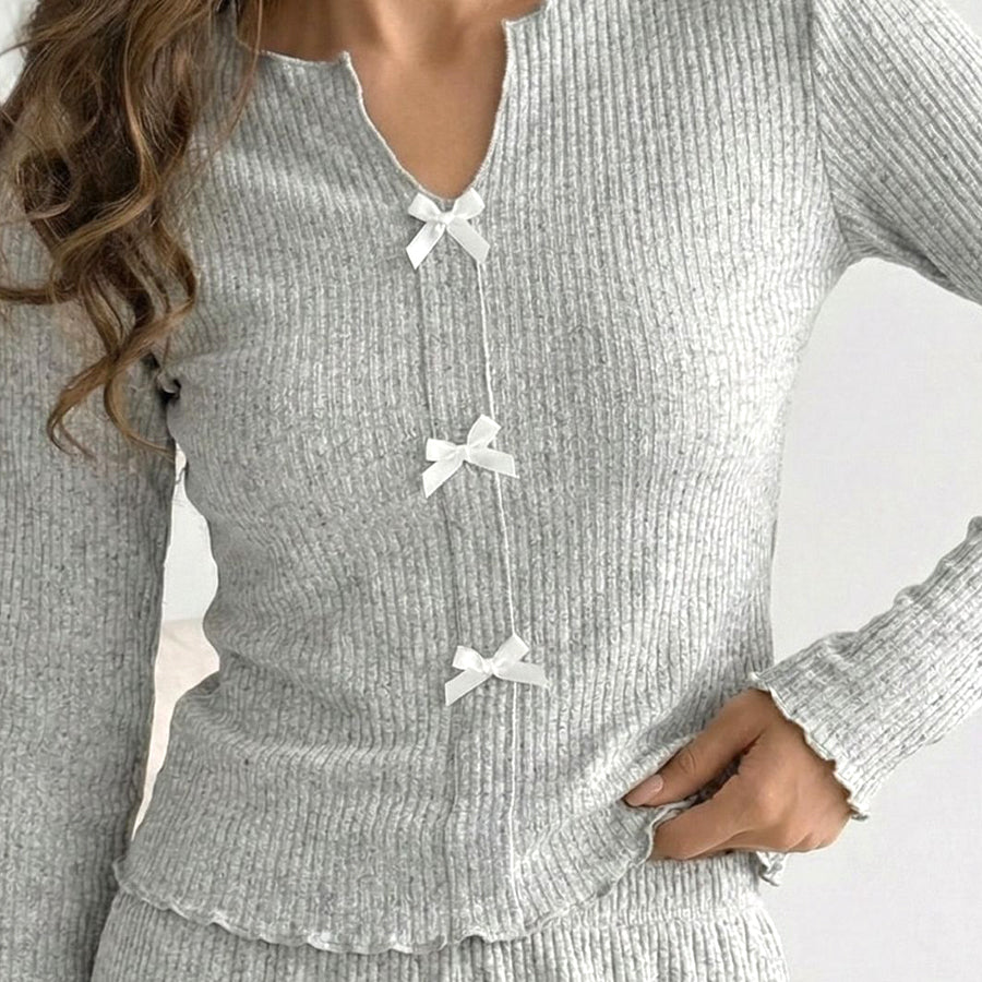 V-Neck Bow Ladies Pajama Set - Grey