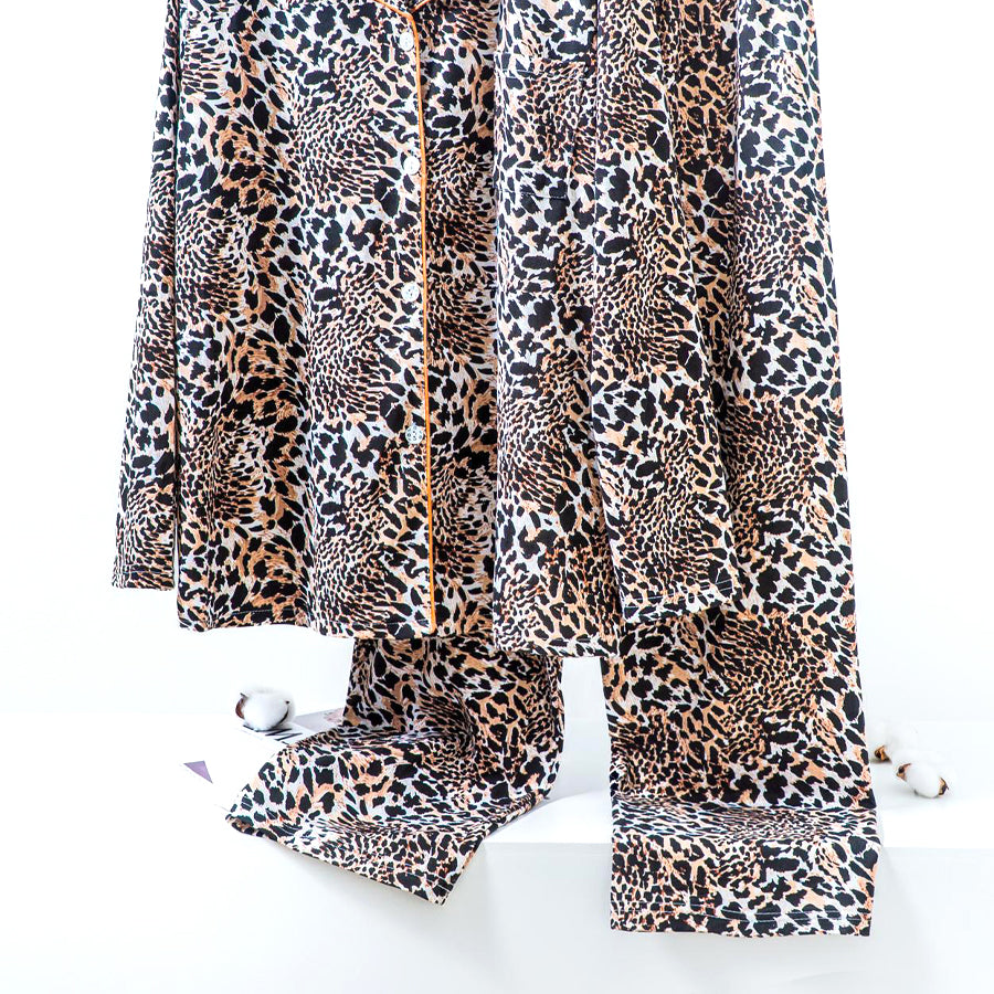 Tiger Print Ladies Loungewear Front Open Pajama Set - White