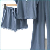 Plain Lace Ladies Crop T-Shirt loungewear 3 Pcs Set - Blue