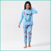 Stitch Ladies Full Sleeves Cotton Pajama Set - Sky Blue