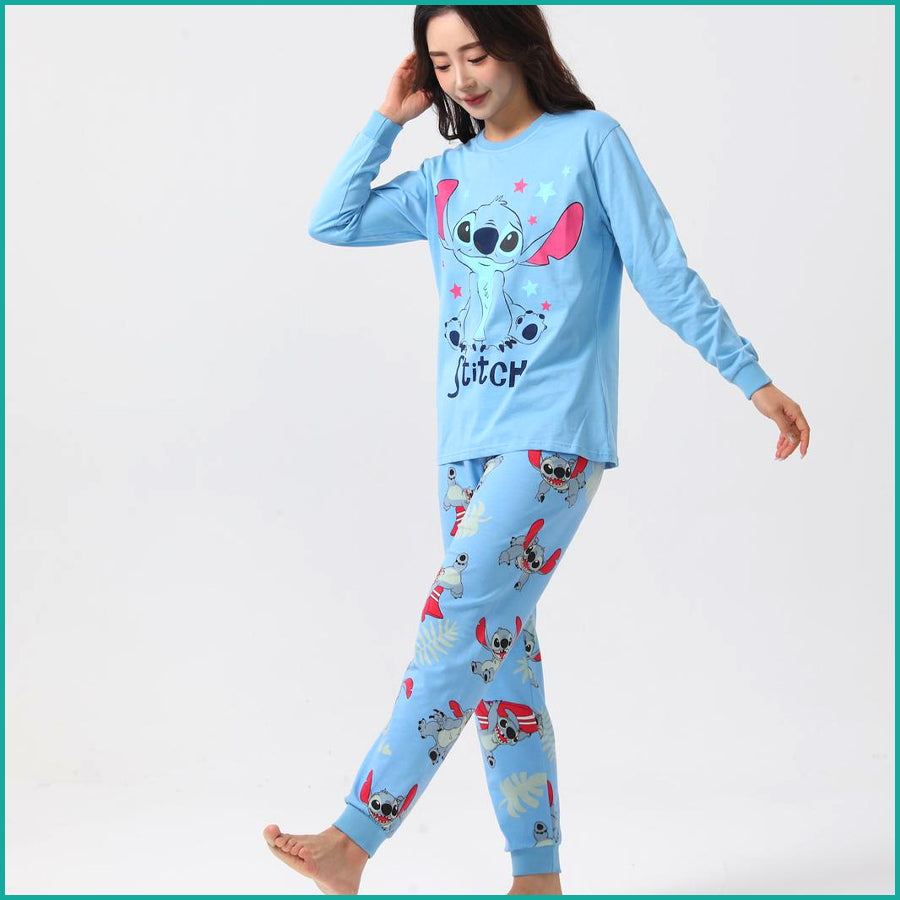Stitch Ladies Full Sleeves Cotton Pajama Set - Sky Blue