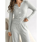 V-Neck Bow Ladies Pajama Set - Grey