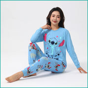 Stitch Ladies Full Sleeves Cotton Pajama Set - Sky Blue