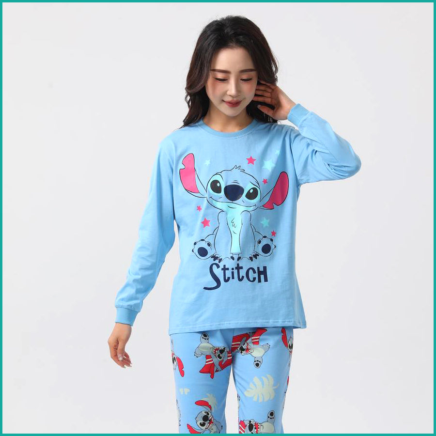 Stitch Ladies Full Sleeves Cotton Pajama Set - Sky Blue