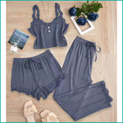 Plain Lace Ladies Crop T-Shirt loungewear 3 Pcs Set - Blue