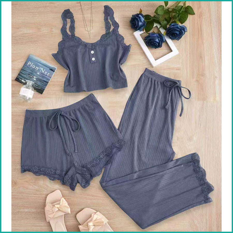 Plain Lace Ladies Crop T-Shirt loungewear 3 Pcs Set - Blue