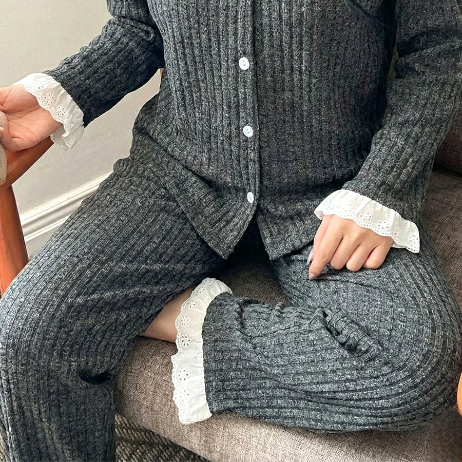 Collar Lace Ladies Pajama Set - Black