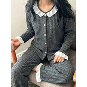 Collar Lace Ladies Pajama Set - Black