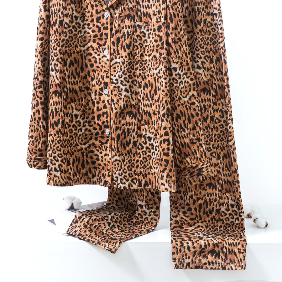 Tiger Print Ladies Loungewear Front Open Pajama Set - Brown