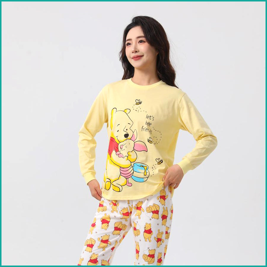 Winnie the Pooh Ladies Full Sleeves Cotton Pajama Set - Yellow
