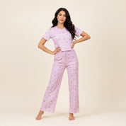 Tulips Ladies Crop T-Shirt Loungewear Pajama Set - Pink