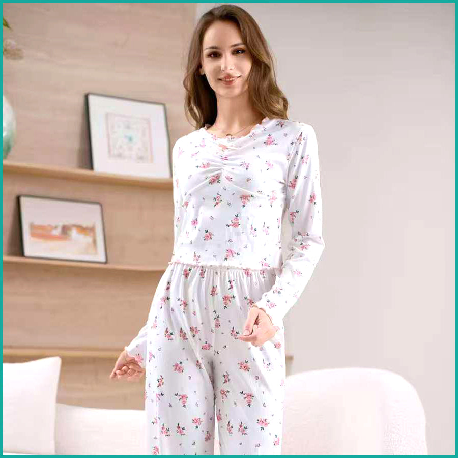 Light Rose Ladies Pajama Set Crop T-Shirt - White
