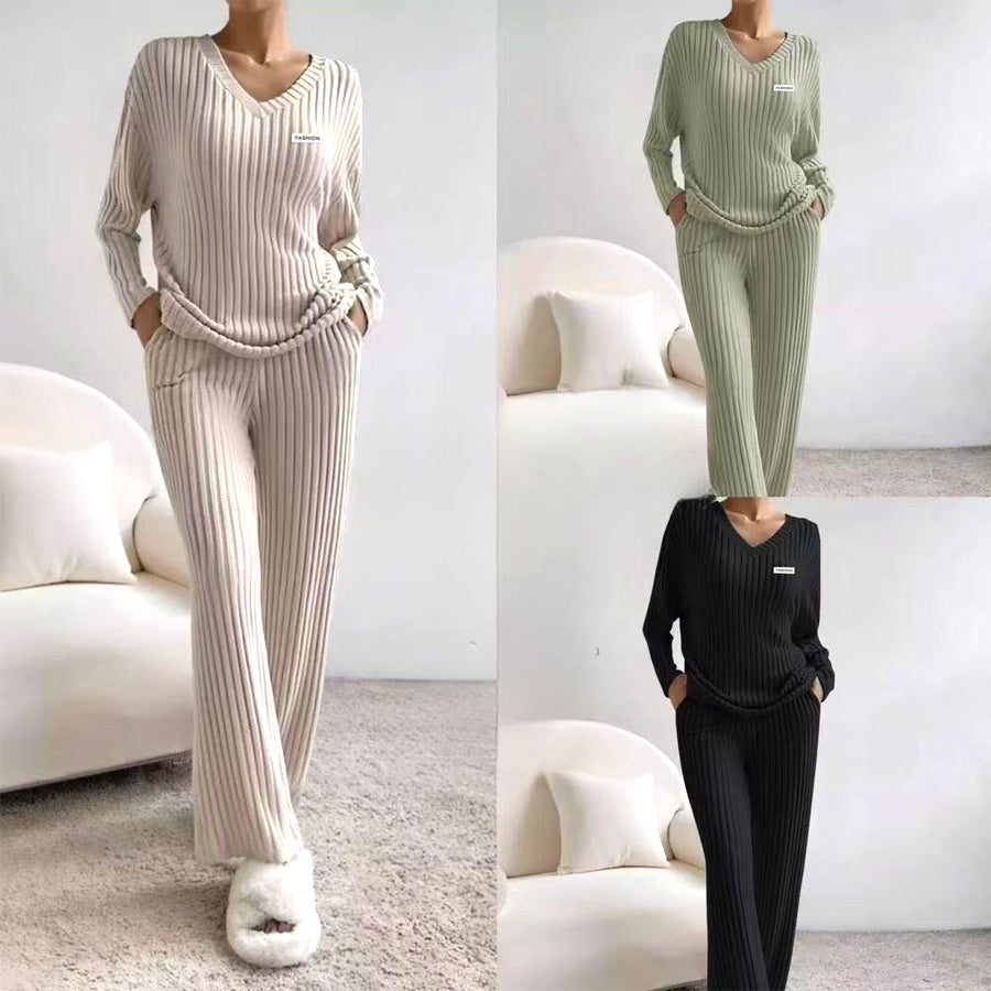 Line V-Neck Ladies Pajama Set - Black